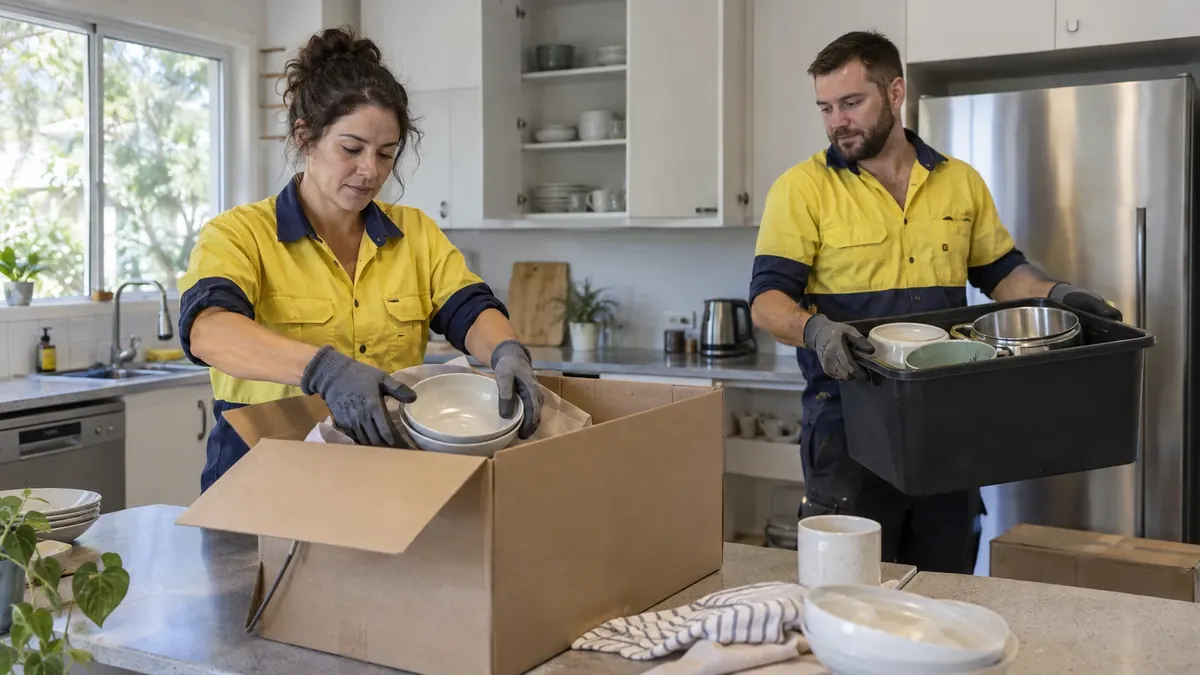Two workers in hi-vis packing kitchenware into boxes during a house clear-out