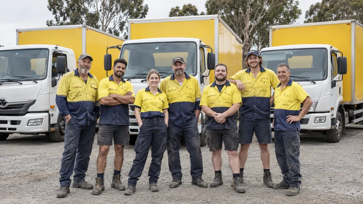 Clear-out crew in hi-vis workwear standing in front of three box trucks